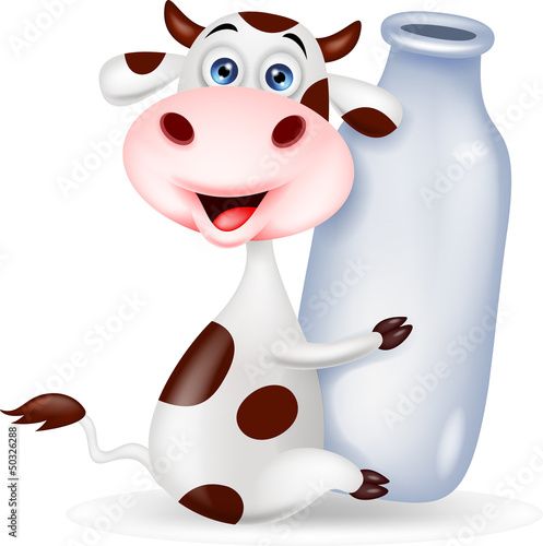 Cute cow cartoon with milk bottle