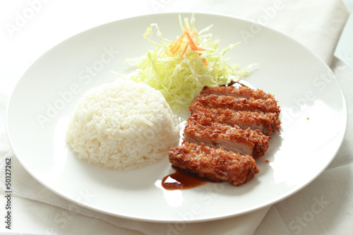japanese fried pork with rice on white round plate