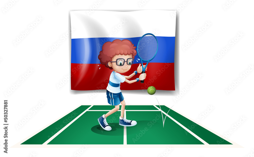 A tennis player in front of the Russian flag