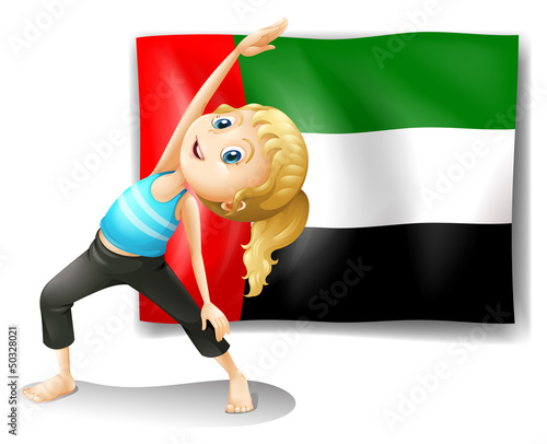 Flag of the UAE with a girl stretching