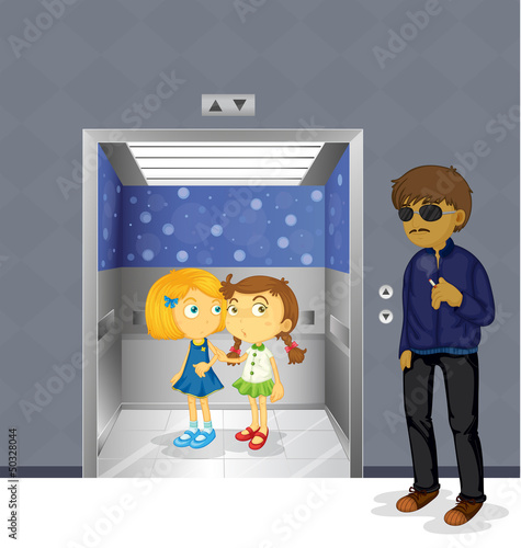Young girls inside the elevator and a scary man outside