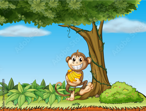 A monkey with bananas near a tree with vine plants