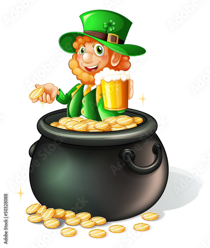 A pot with coins and an old man with a mug of beer