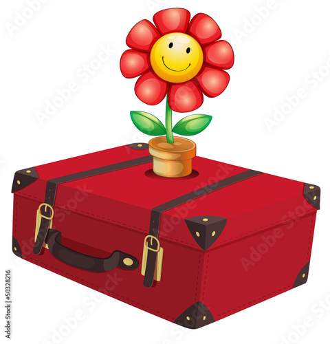 A red travelling bag with a plant