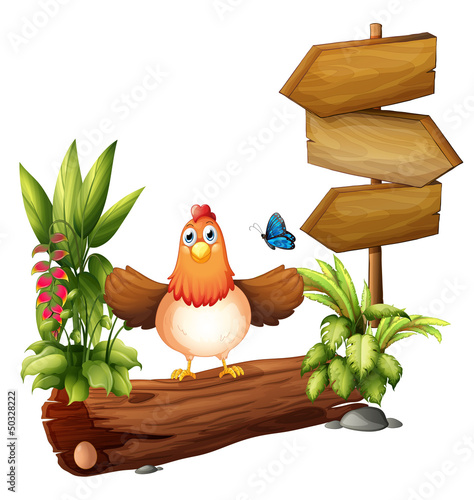 Arrow boards with a hen and a butterfly