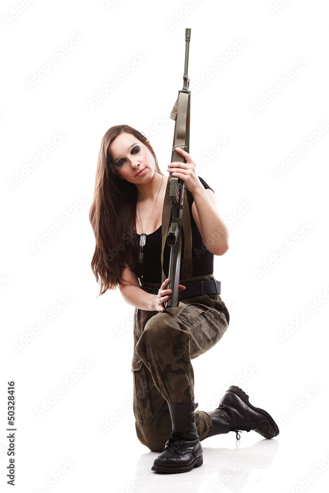 Army Woman With Gun - Beautiful woman with rifle plastic