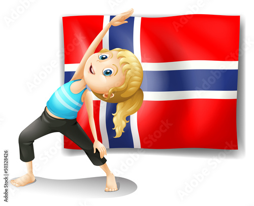 A Norwegian flag at the back of a girl exercising