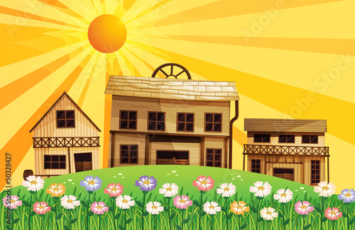 Different wooden houses at the top of the hills