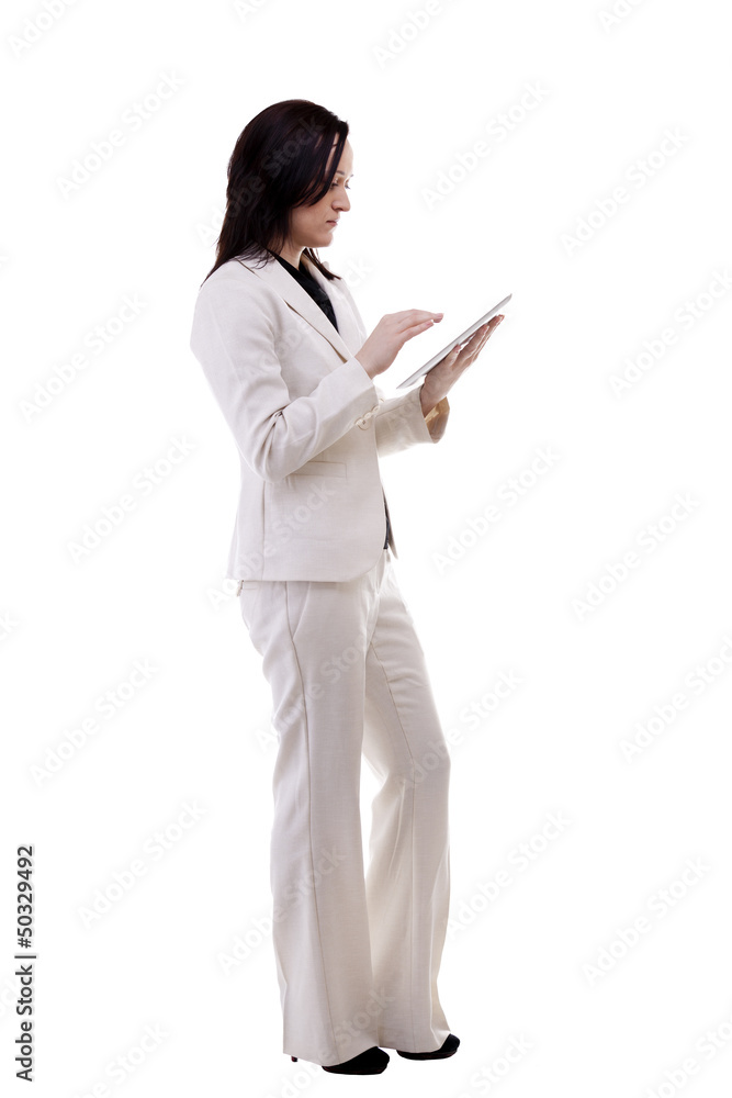 Caucasian secretary holding a tablet in her hands full body isol Caucasian secretary holding a tablet in her hands full body isol