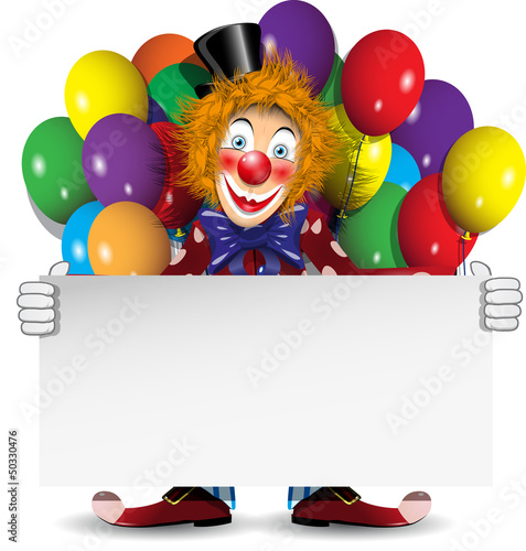 redhead clown with a banner and balloons