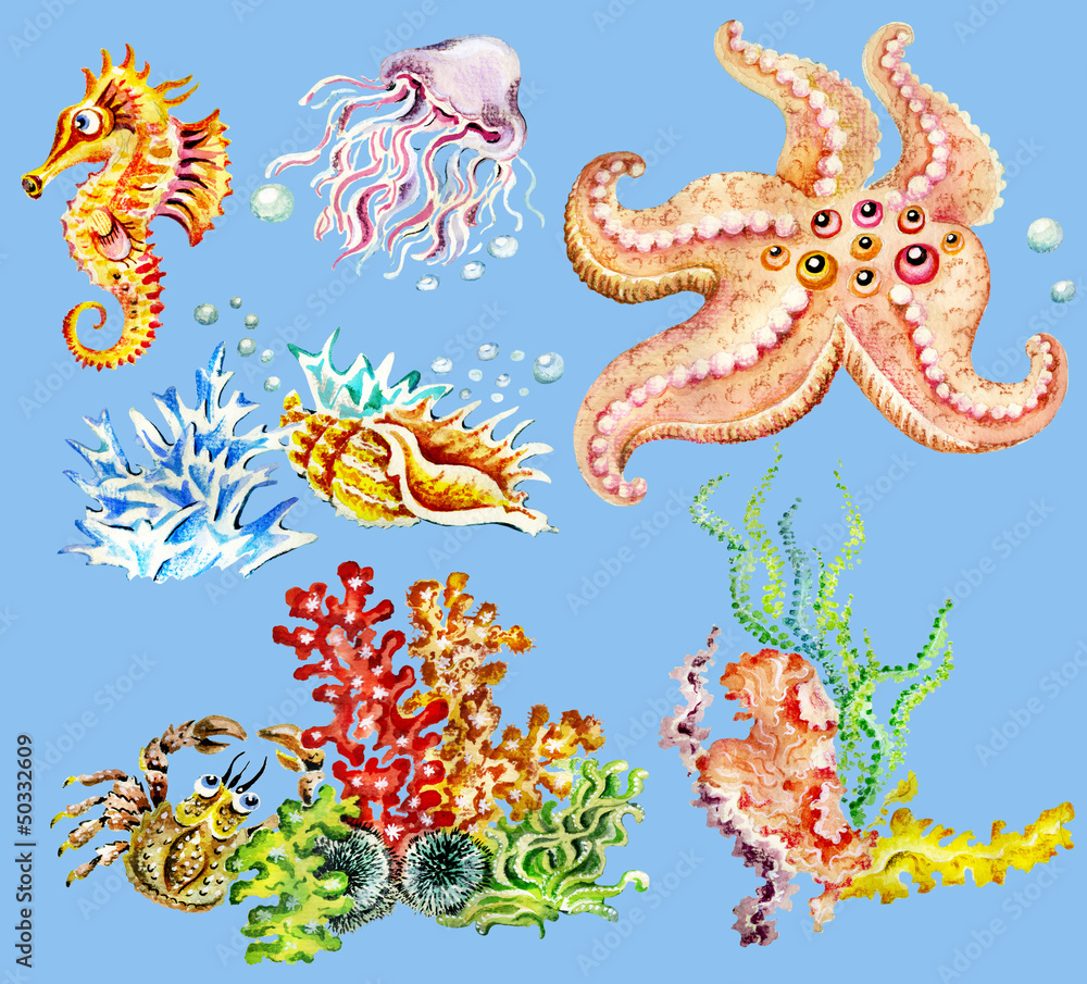 Obraz premium Sea inhabitants. Hand painted cartoon set