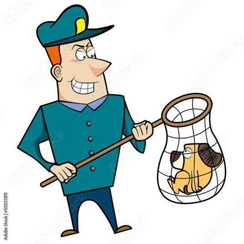 Cartoon Animal Control Officer with Dog in Net