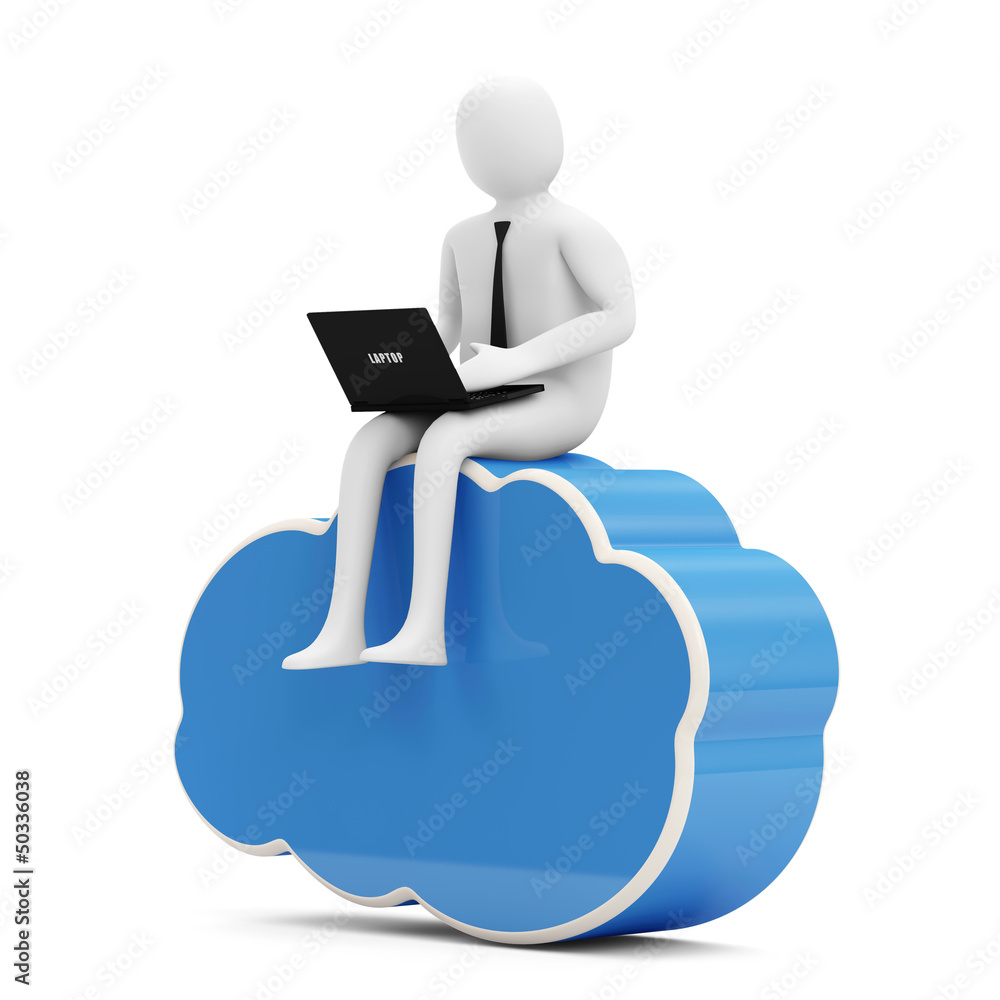 3d Man with Laptop sitting on Cloud Computing Symbol 3d Man with Laptop sitting on Cloud Computing Symbol