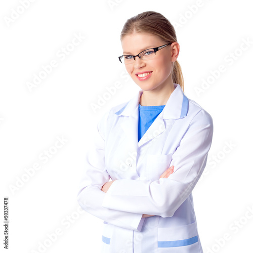 Happy Smiling Female Doctor wearing glasses, isolated