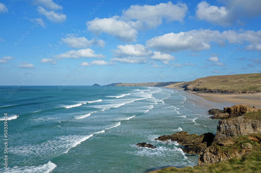 Perranporth beach waves, Cornwall England.