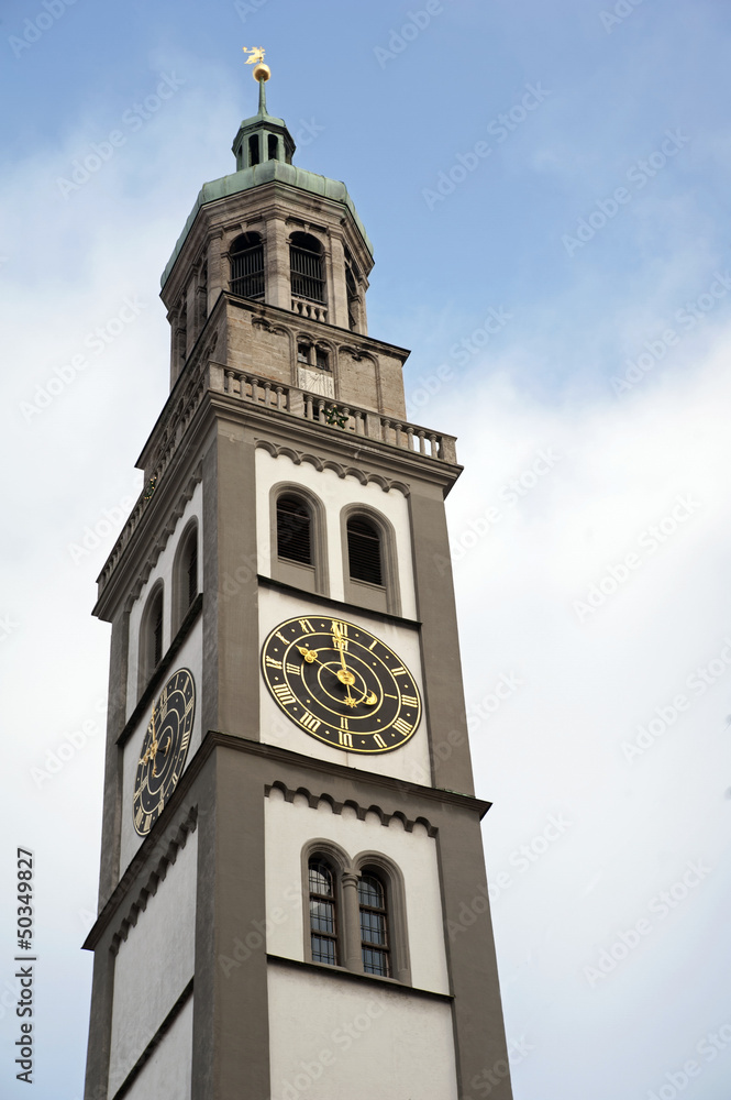 The huge clock tower of the Town Hall in Augsburg, Germany