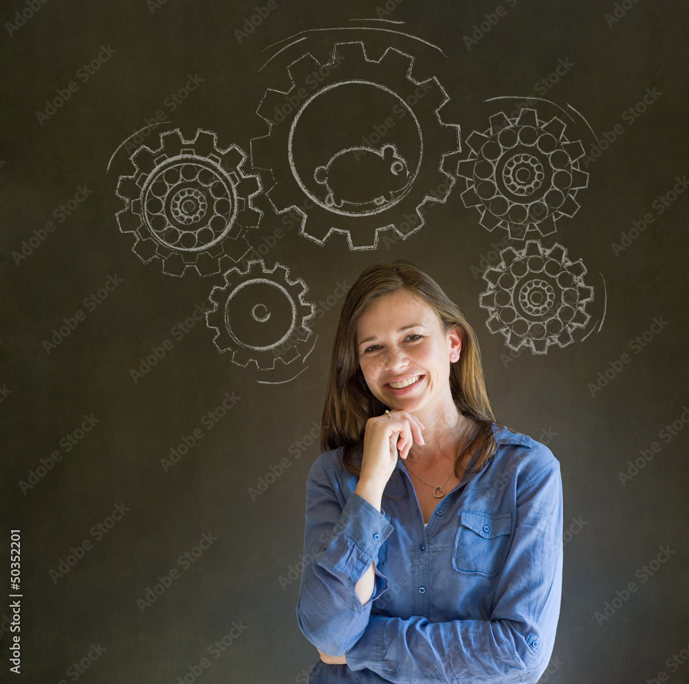 Thinking business woman with gear cogs and hamster Thinking business woman with gear cogs and hamster