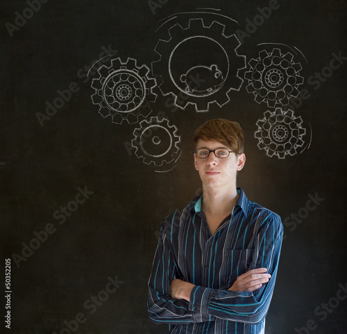 Thinking businessman with gear cogs and hamster