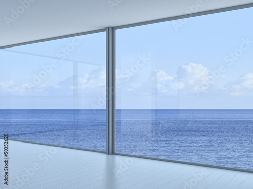 Empty 3d modern loft interior with sea / ocean view