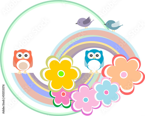 Background with owl, flowers and birds