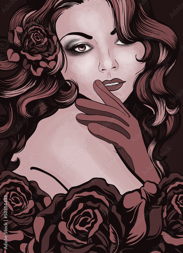 Vintage style young lady with roses