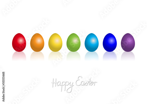 Easter eggs in rainbow colours and handwritten „Happy Easter“