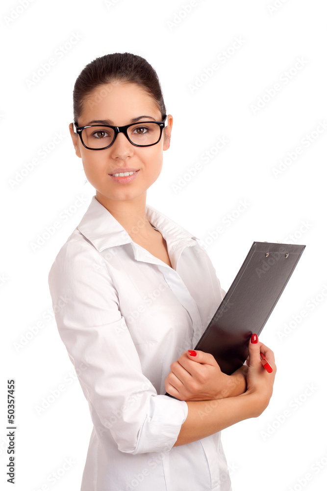 Smiling business woman holding clipboard Smiling business woman holding clipboard