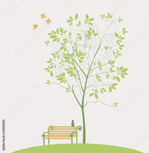 Spring tree with bench bird and cat