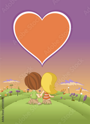 cute cartoon kids in love staring at the sunset