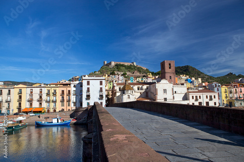 View of Bosa and fort from the bridge, Sardinia, Italy