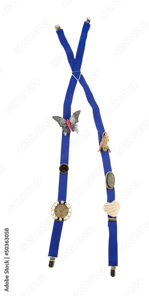 Blue suspenders with brooches and jewels