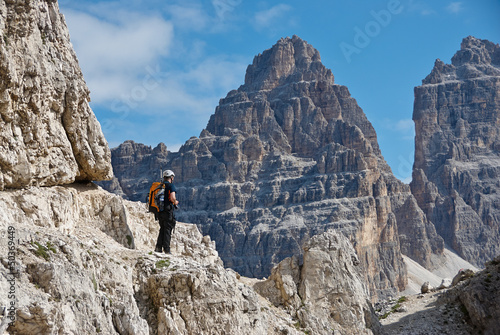 Man on mountain trek. Tre Cime di Lavaredo - Dolomites - Italy