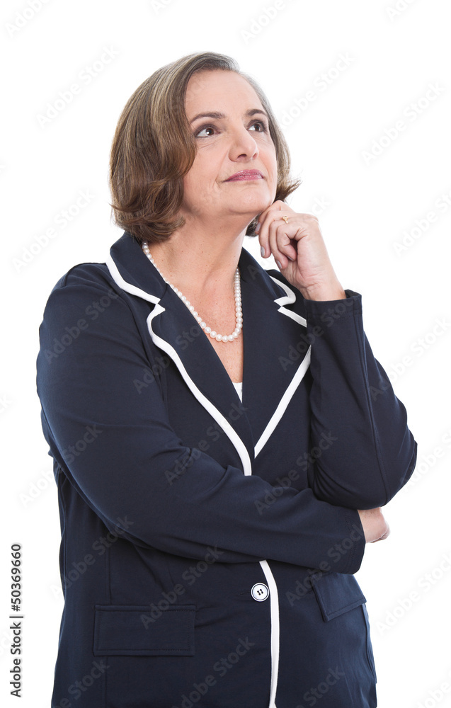 Zufriedene ältere Dame im dunkelblauen Sakko Zufriedene ältere Dame im dunkelblauen Sakko