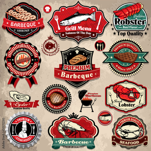 Vintage BBQ seafood steak labels, icons, badges template set