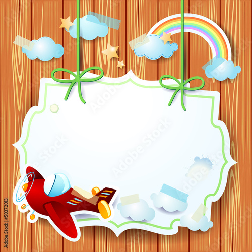 Airplane and label on wooden background