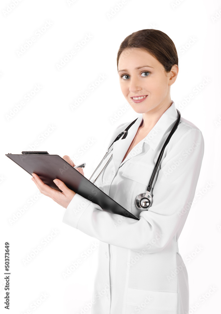 Smiling young doctor woman with plane table isolated Smiling young doctor woman with plane table isolated
