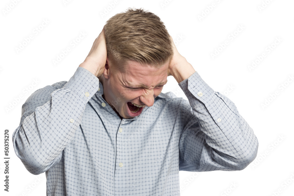 Desperate businessman shouting with hands at head. Desperate businessman shouting with hands at head.