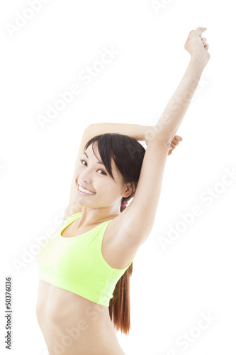 happy young woman doing stretch exercise