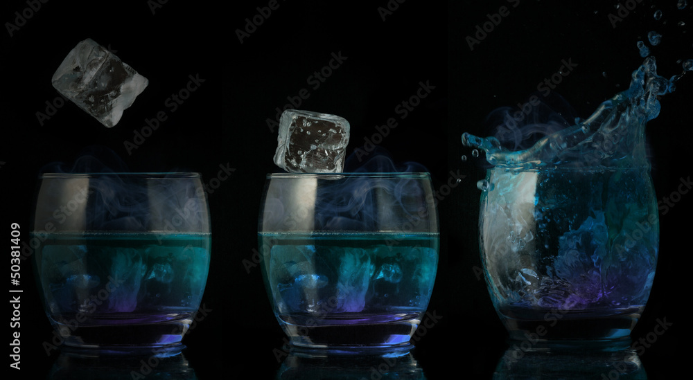 Serial arrangement of ice falling into glass of blue liquid Serial arrangement of ice falling into glass of blue liquid