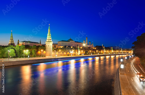 View of the Moscow Kremlin and Moscow river at night.