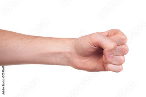 Hand with clenched fist, isolated on white background
