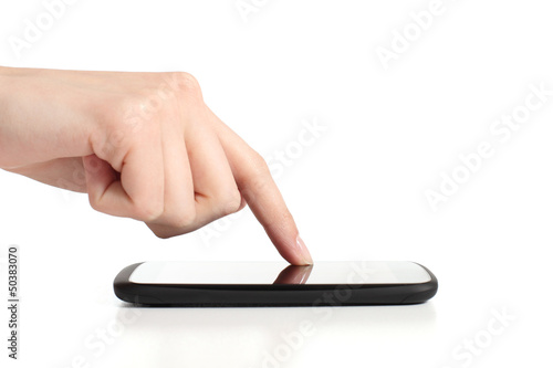 Woman hand touching a mobile phone screen with forefinger