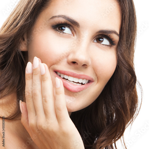 Woman touching skin or applying cream, isolated