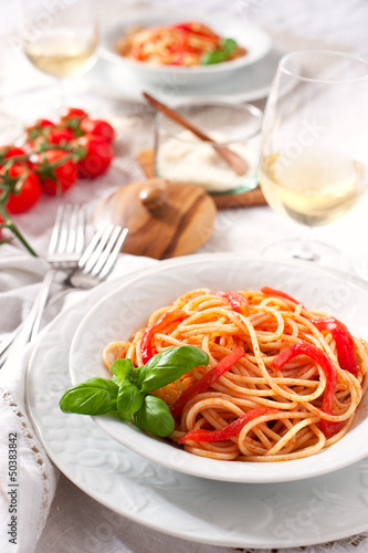 Italian spaghetti tomato sauce and basil