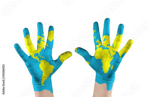 Map painted childs on hands. Concept save the world