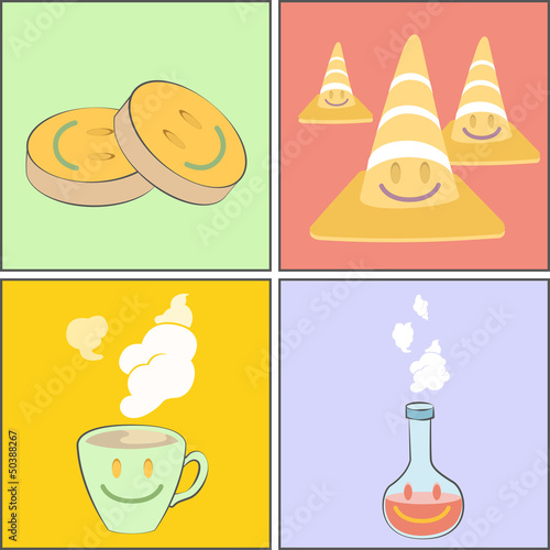 Collection of cute cartoon. Pill, cone, tea cup, tube.
