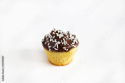 Cupcake or muffin with chocolate icing and sprinkles, isolated © sugar0607