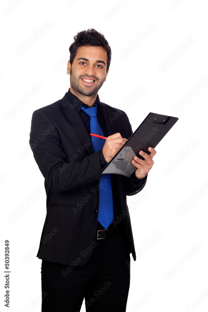 Young businessman with blue tie with a clipboard Young businessman with blue tie with a clipboard