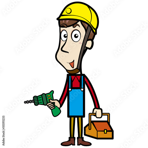 Cartoon Plumber with Electric Drill and Toolbox