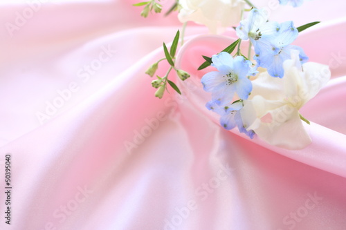 close up of elegant blue Delphinium and sweetpea on pink silk
